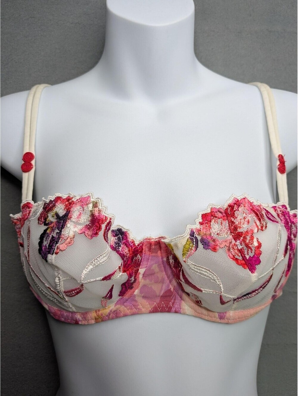 Aubade Bra Womens 34A Multicolor Floral Lace Balconette Sheer Unlined Underwire
